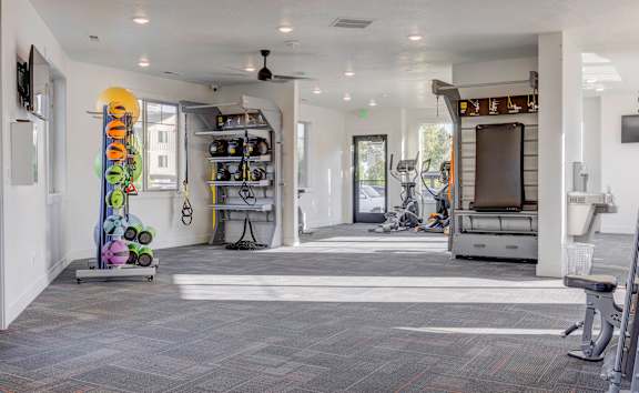 A gym with a variety of equipment including a treadmill, weights, and a television.