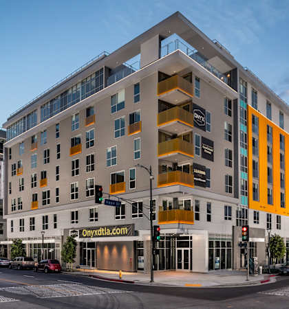 exterior of onyx apartment building in downtown los angeles