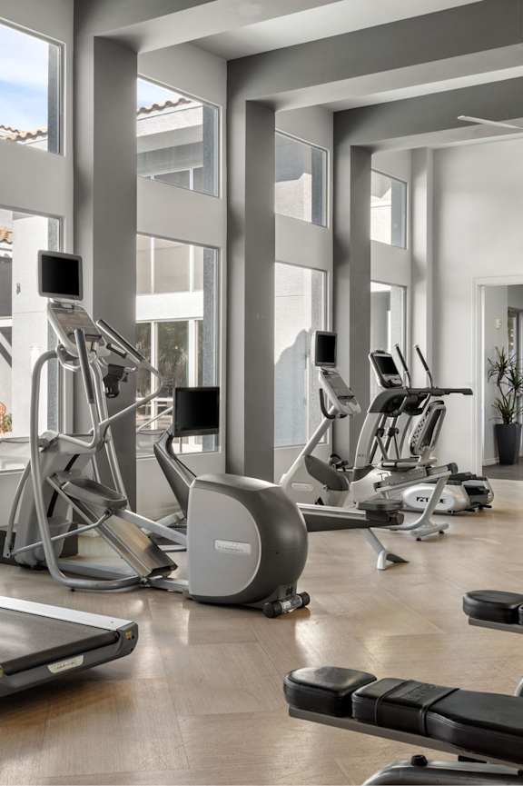 A gym with treadmills, exercise bikes, and other equipment.
