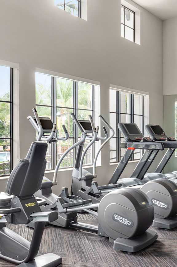 A gym with treadmills and elliptical machines.