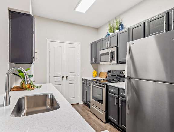 a kitchen with stainless steel appliances and black cabinets