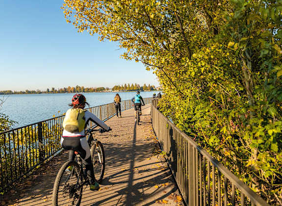 A person riding a bike on a path next to a body of water.