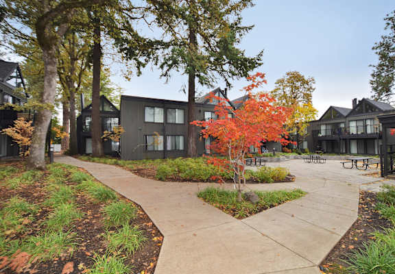 a sidewalk in front of a group of buildings with trees