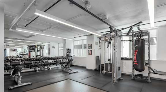 A gym with a punching bag and weightlifting equipment.