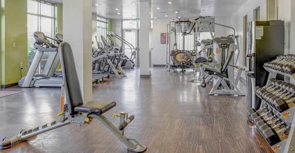 A gym with a variety of equipment including treadmills, weights, and exercise machines.