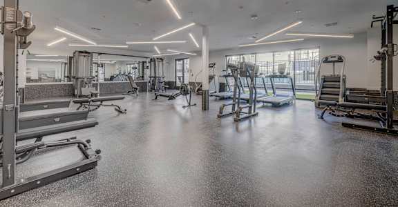 a gym with weights and cardio equipment in a building with windows