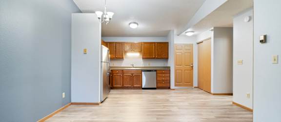 A kitchen area with wooden cabinets and a grey rug on the floor.