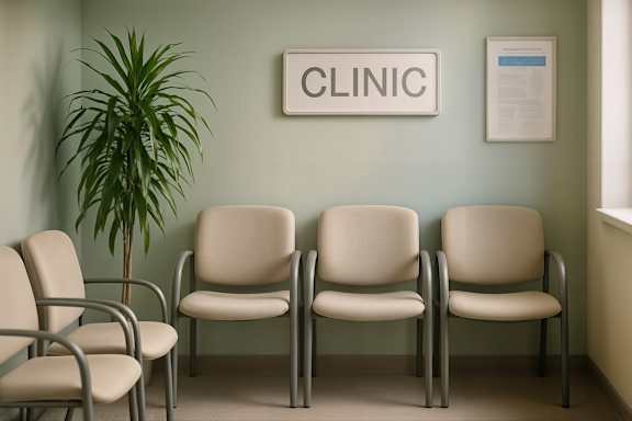 Three chairs are lined up in a waiting room.