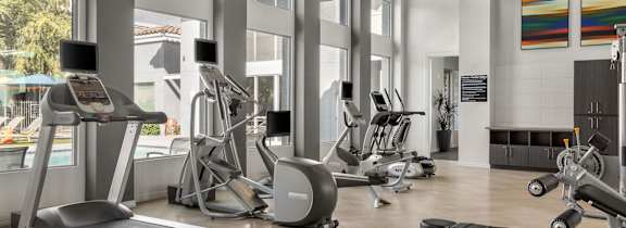 A gym with treadmills, exercise bikes, and other equipment.