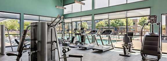 A gym with a variety of equipment including treadmills, weights, and a rowing machine.