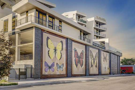 A building with a mural of butterflies on its side.