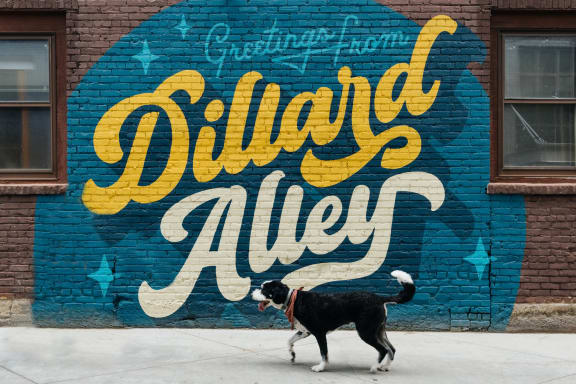 A dog walking in front of a graffiti wall  at Kesler Apartments, Fargo, North Dakota 58102