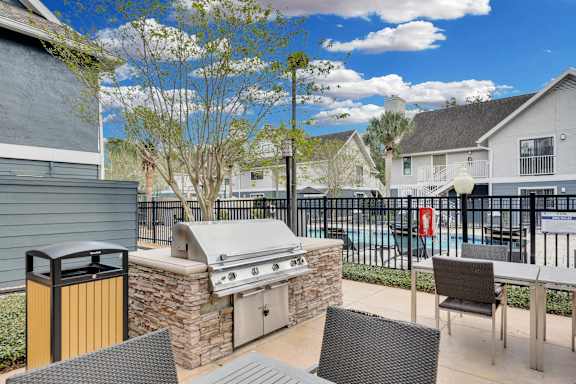 the preserve at ballantyne commons furnished patio with barbecue grill and tables and chairs