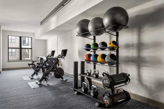 A gym with a row of exercise balls on a rack.