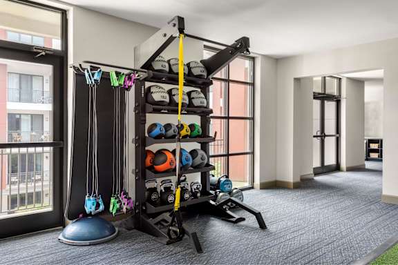 A gym room with a pull up bar and weights.