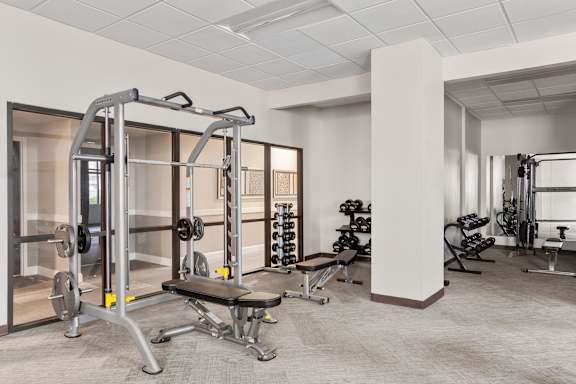 A gym with a variety of equipment including a squat rack, bench, and weights.