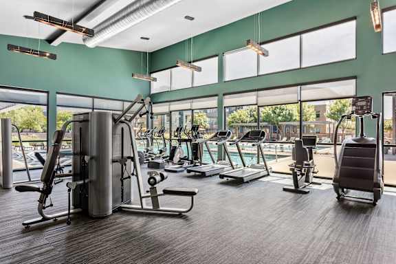 A gym with a variety of equipment including treadmills, weights, and a rowing machine.