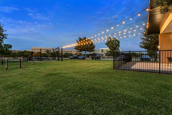 A lawn with a fence and string lights.