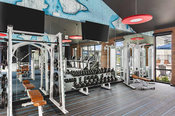 A gym with a variety of equipment including weights and weight machines.