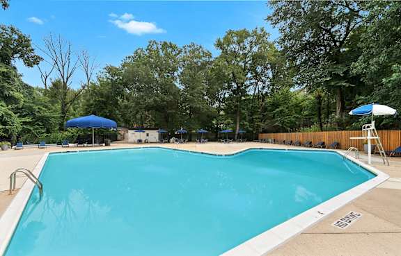 A large blue swimming pool surrounded by trees and a fence.