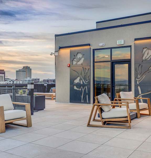 a rendering of a restaurant with a view of the mountains