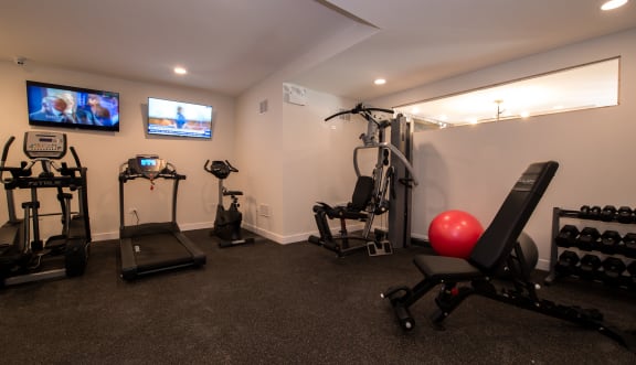 a home gym with exercise equipment and a tv