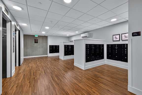 A room with wood flooring and black cabinets.