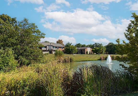 a pond with a fountain and houses in the background