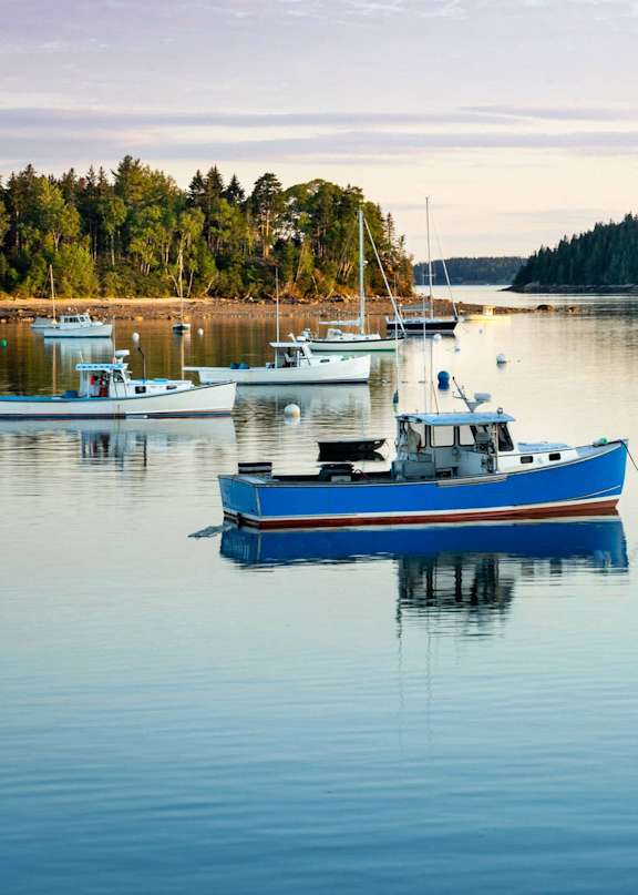 A serene lake with boats docked at the pier.