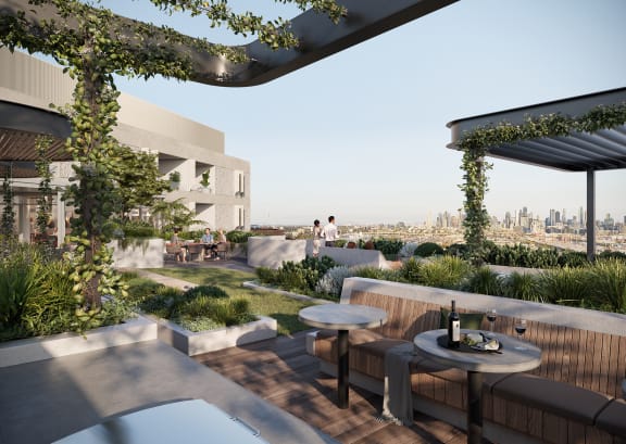 a rendering of a rooftop terrace with tables and plants