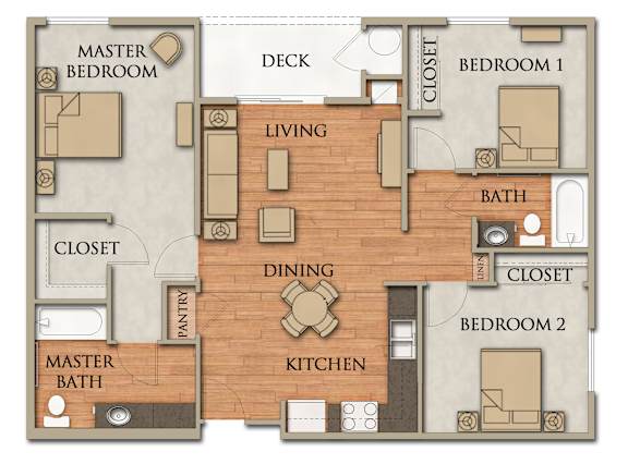 Floor Plan  A 3 Bedroom / 2 Bathroom house plan with a deck and pantry.