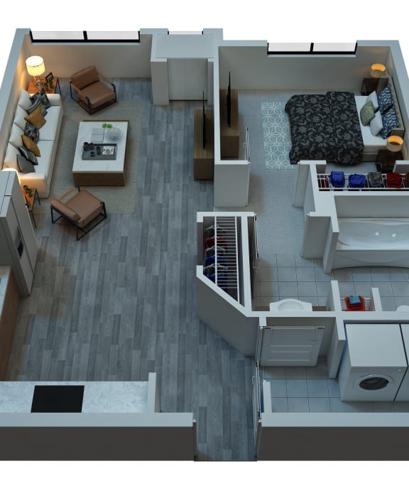 a 3d floor plan of a house with a bedroom and a living room