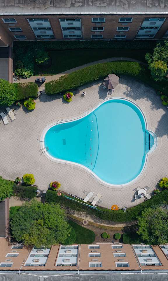 A swimming pool surrounded by trees and a building in the background.