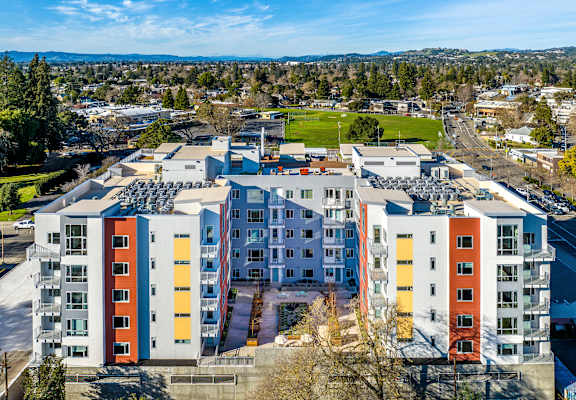 Aerial view of the apartment at 888 Fourth Street Apartments, LLC, California, 95404