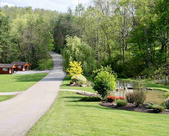 A serene park with a fountain, trees, and a playground.
