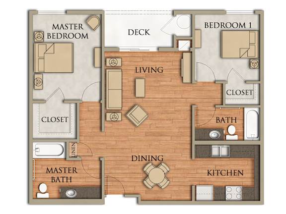 Floor Plan  A floor plan of a 2 bedroom, 2 bathroom apartment sized 950 square feet.