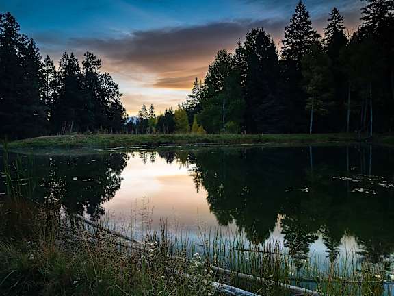 A serene lake surrounded by trees reflects the sky at dusk.