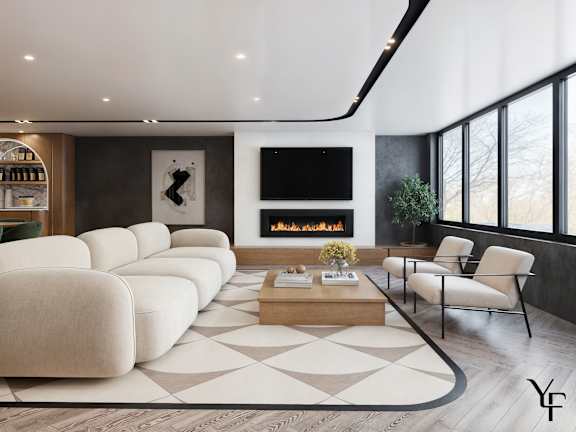 A modern living room with a fireplace and a large screen TV.