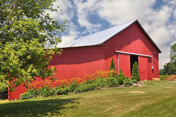 A red barn with a green tree in front.