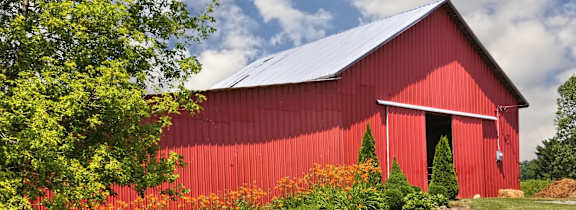 A large white building with a black roof is surrounded by trees with autumn leaves.