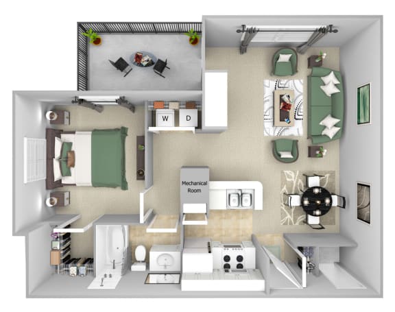 Lantern Woods - A1 - The Beacon - 1 bedroom - 1 bath - 3D floor plan