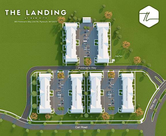 A map shows the layout of The Landing at Atrium City with roadways, buildings, and a dog park.