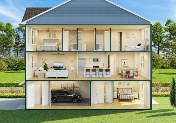 A modern two-story house with a garage and a garden.