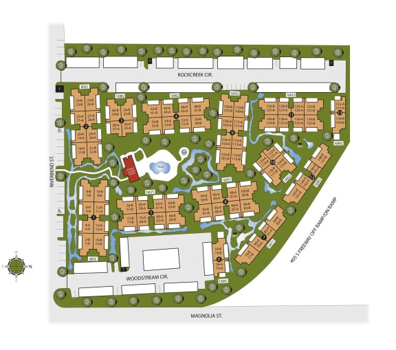 a site plan of a development with buildings and a pool