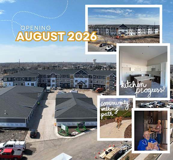 A collage of images showcasing a building project with an opening date of August 2026.