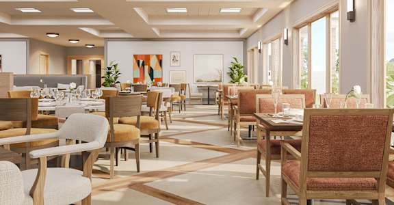 a rendering of a dining room with tables and chairs
