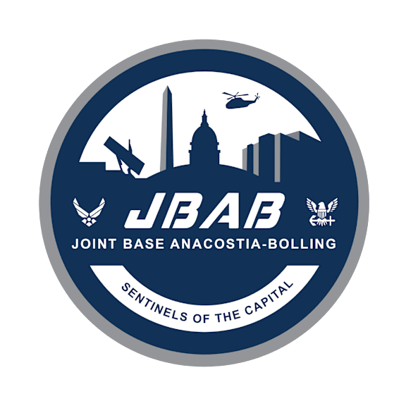 A logo with the text "JBAB Joint Base Anacostia-Bolling Sentinels of the Capital" and an image of the Washington Monument and a helicopter.