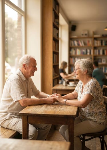 An elderly couple is sitting at a table in a library, holding hands and smiling at each other.