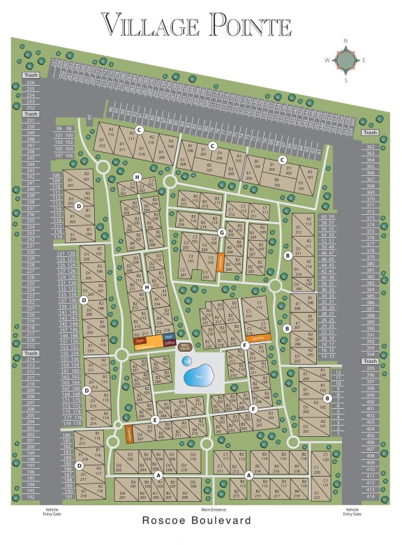 a map of the village of pointe at Village Pointe Apartments, Northridge, CA, 91325
