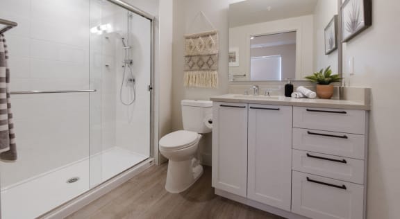 a white bathroom with a shower toilet and sink